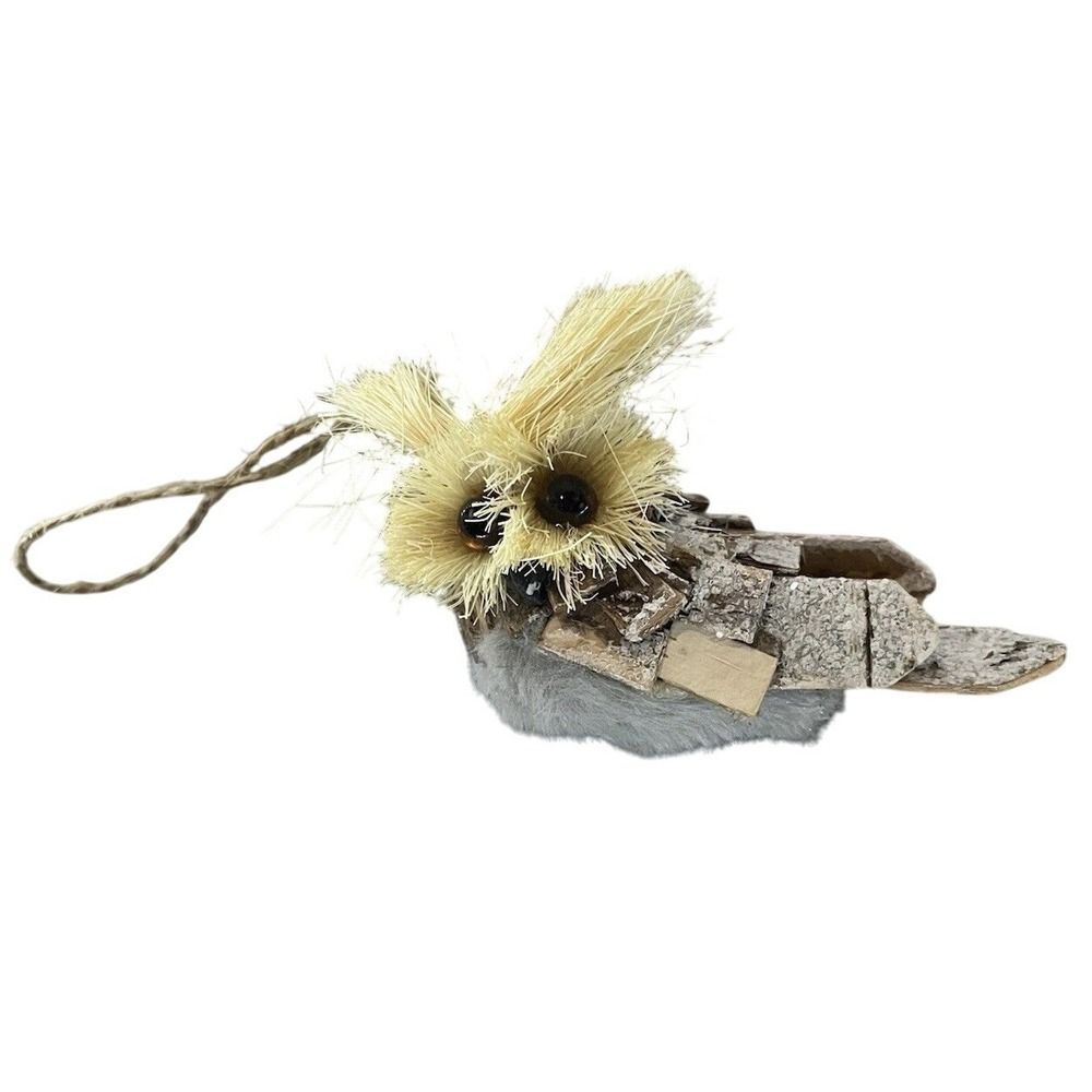 Rustic Bark & Bristle Owl Ornament Natural Fiber Woodland Tree Hanging Decor